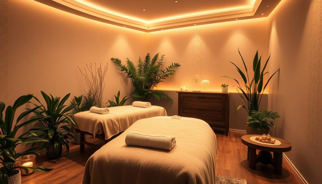 A serene massage studio in Istanbul, bathed in warm, soft lighting. Plush, inviting massage tables surrounded by soothing greenery and natural elements. Calming essential oils diffuse in the air, creating a tranquil atmosphere. Delicate patterns and textures adorn the walls, complementing the minimalist, spa-like aesthetic. The camera captures the scene from a slightly elevated angle, showcasing the overall calming and rejuvenating ambiance of this stress-relieving sanctuary.