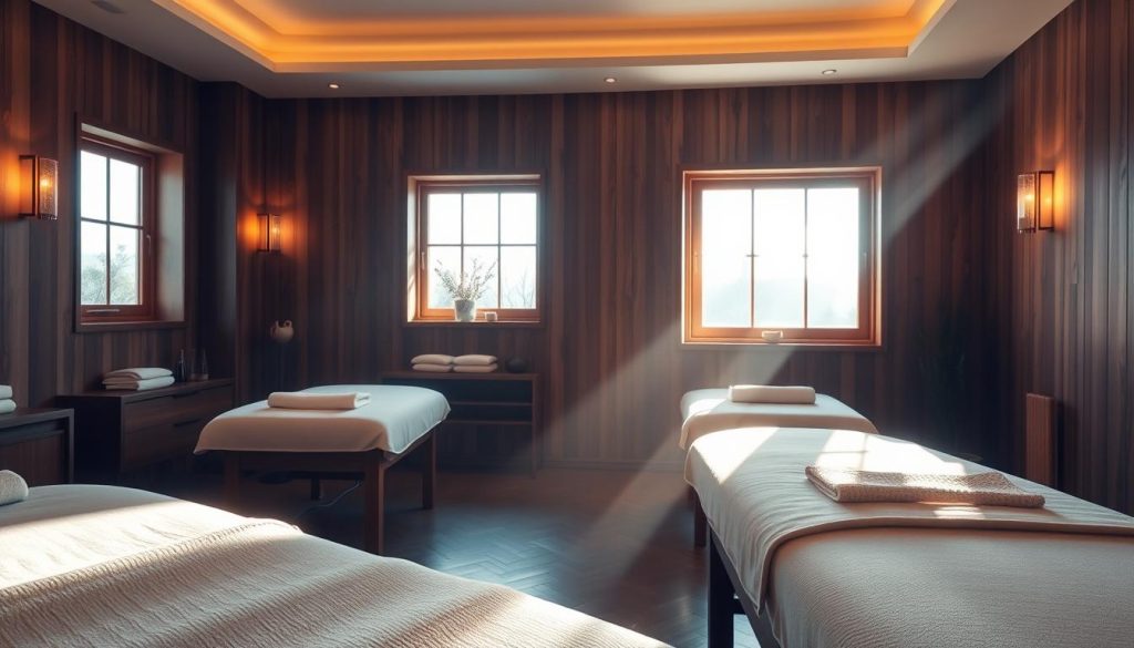 A serene massage studio in Istanbul, sunlight streaming through large windows, illuminating the smooth, polished surfaces of the wooden furnishings. Plush, neutral-toned cushions adorn the massage tables, inviting visitors to sink into a state of tranquility. The air is infused with the calming scent of essential oils, creating a sensory experience that promotes relaxation and balance. Soft, ambient lighting casts a warm glow, while the gentle hum of soothing music sets the tone for a restorative massage session. The room exudes a sense of harmony and well-being, reflecting the important role massage therapists play in helping individuals find equilibrium and inner peace.