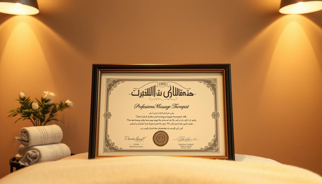A serene massage studio in Istanbul, with warm lighting and soothing textures. The centerpiece is a professional massage therapist's certificate, framed and displayed prominently. The certificate features intricate calligraphy and a seal, conveying expertise and authenticity. The background is a soft, muted palette, creating a calming atmosphere. The composition emphasizes the importance of hiring a qualified, certified massage therapist for a rejuvenating experience. A serene massage studio in Istanbul, with warm lighting and soothing textures. The centerpiece is a professional massage therapist's certificate, framed and displayed prominently. The certificate features intricate calligraphy and a seal, conveying expertise and authenticity. The background is a soft, muted palette, creating a calming atmosphere. The composition emphasizes the importance of hiring a qualified, certified massage therapist for a rejuvenating experience.