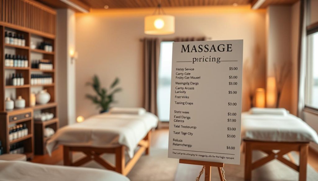 A serene massage studio interior with soft lighting, warm wood tones, and plush massage tables. The room is filled with an array of massage oils and aromatherapy diffusers, creating a calming ambiance. In the foreground, a display showcases massage service pricing, allowing clients to easily compare and select their desired treatment options. The mid-ground features a tranquil window view, while the background is subtly blurred, maintaining the focus on the pricing information. The overall composition conveys a sense of relaxation and professionalism, inviting the viewer to explore the varied massage services and their associated costs.
