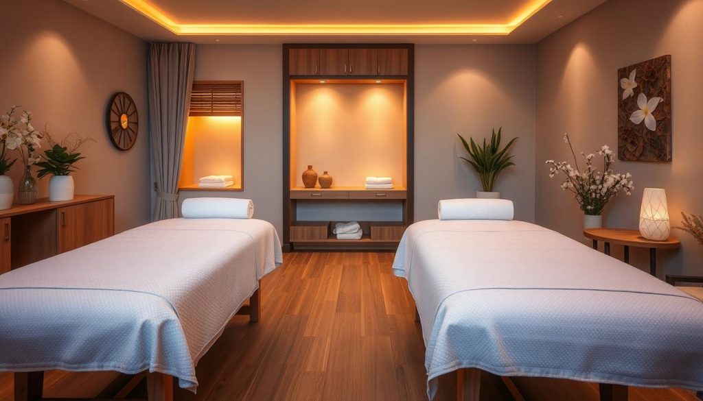 A serene massage studio nestled in Bakirkoy, with warm lighting, plush massage tables, and tranquil decor. Clients arrive at the reception, greeted by a calming ambiance. They are escorted to private treatment rooms, where skilled therapists use soothing techniques to relieve tension and promote well-being. Soft textures, natural materials, and a harmonious color palette create a restorative atmosphere. Clients emerge rejuvenated, ready to continue their day refreshed and reinvigorated.