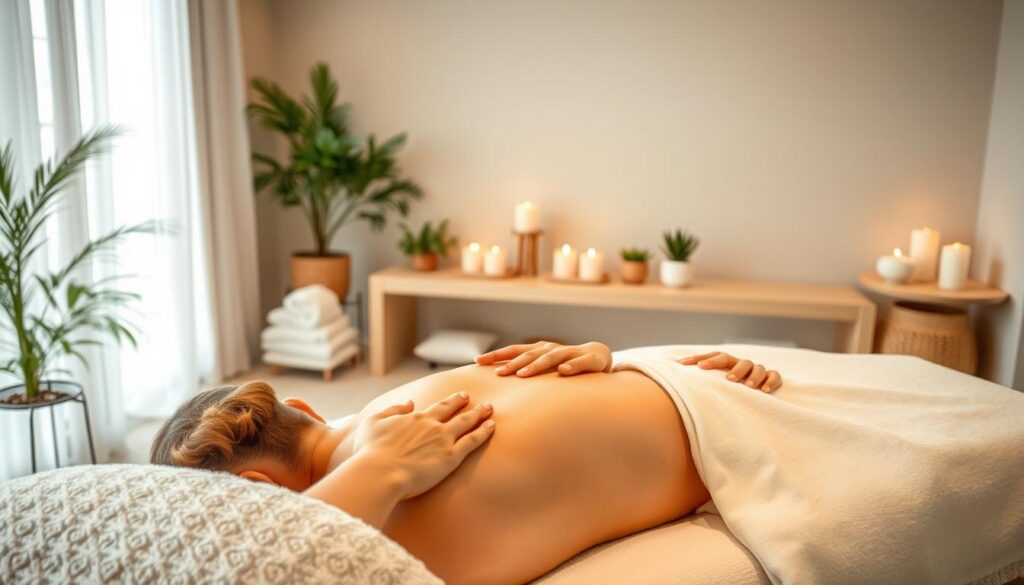 A serene massage studio setting with soft lighting and natural elements. The foreground showcases various massage techniques, such as kneading, effleurage, and tapotement, performed with skilled hands on a body. The middle ground features essential massage tools like massage oil, towels, and a heated table. The background depicts a calming, zen-inspired atmosphere with potted plants, candles, and a soothing color palette. The image conveys a sense of relaxation, professionalism, and attention to detail in the art of massage.