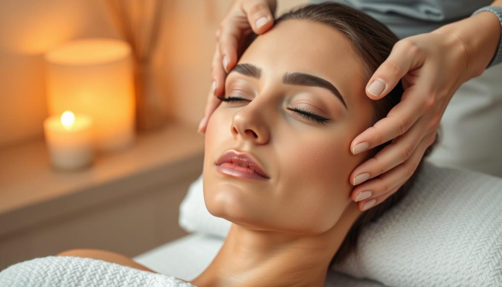 A serene massage studio with soft, diffused lighting and warm tones. In the foreground, a skilled masseuse's hands gently kneading and caressing a model's face, focusing on the forehead, cheeks, and jawline. The model's skin appears smooth, supple, and radiant, reflecting the restorative effects of the massage techniques. In the background, subtle textures and patterns suggest a tranquil, spa-like environment, creating a sense of relaxation and rejuvenation. The overall composition conveys the calming and rejuvenating experience of a personalized facial massage, tailored to the individual's skin type and needs.
