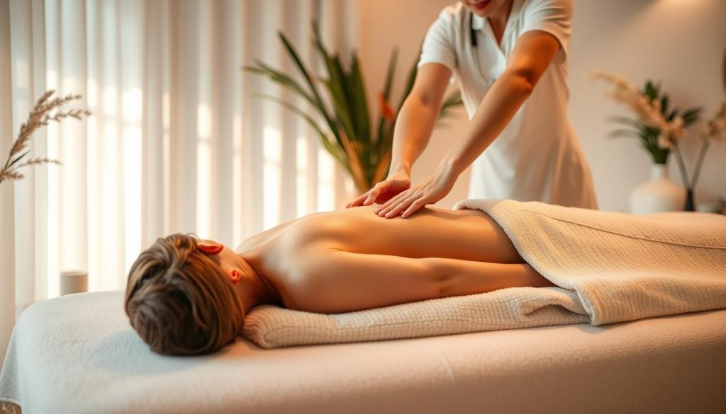 A serene massage studio with soft lighting and calming tones. The therapist's skilled hands kneading and manipulating muscles, promoting relaxation and healing. The client lies peacefully on a plush massage table, surrounded by soothing botanical elements and a tranquil atmosphere. The scene evokes a sense of rejuvenation and well-being, showcasing the benefits of medical massage for alleviating muscle tension and discomfort.