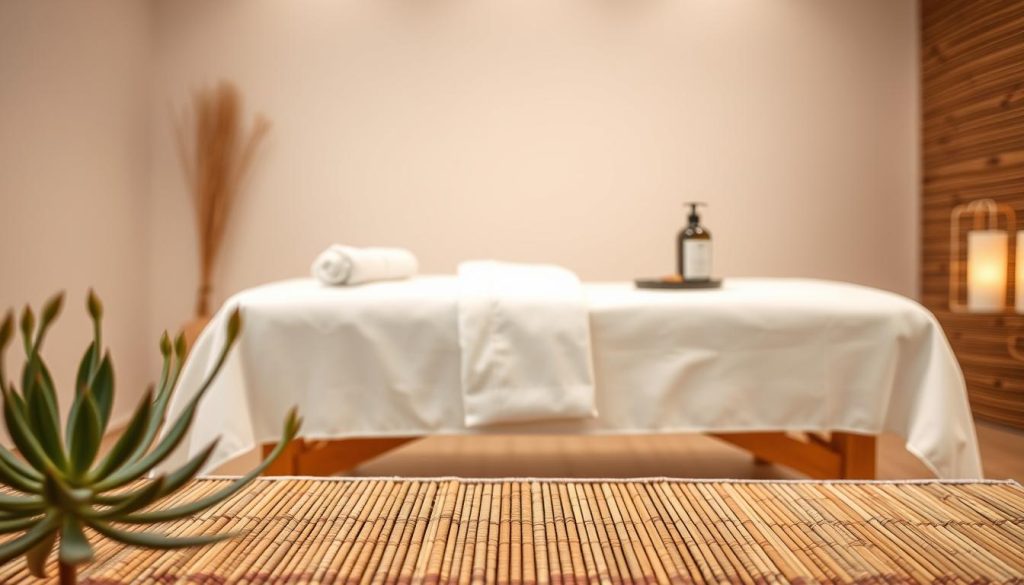 A serene massage studio with soft lighting, calming natural tones, and a relaxing atmosphere. In the foreground, a delicate succulent plant and a bamboo mat set the tranquil scene. The middle ground features a massage table draped in plush white linens, with a bottle of massage oil and a towel placed neatly beside it. The background showcases a minimalist wall with a wooden accent, creating a harmonious and rejuvenating environment. The overall composition conveys the benefits of massage for healthy living, promoting a sense of balance, well-being, and stress relief.