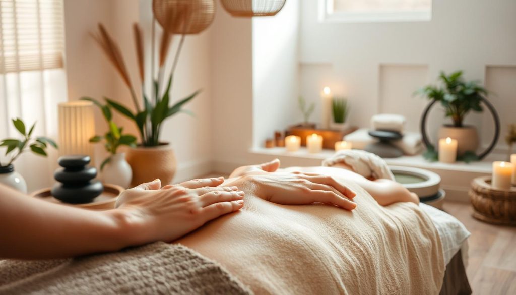 A serene massage studio with soft lighting, natural materials, and soothing decor. In the foreground, a massage therapist's hands expertly manipulate the muscles of a client, creating a tranquil, restorative experience. The middle ground features various massage tools and techniques, such as heated stones, aromatherapy oils, and long, flowing strokes. The background showcases a peaceful, zen-like ambiance with potted plants, candles, and a calming water feature. The overall scene evokes a sense of relaxation, rejuvenation, and a deep connection between the body and mind.