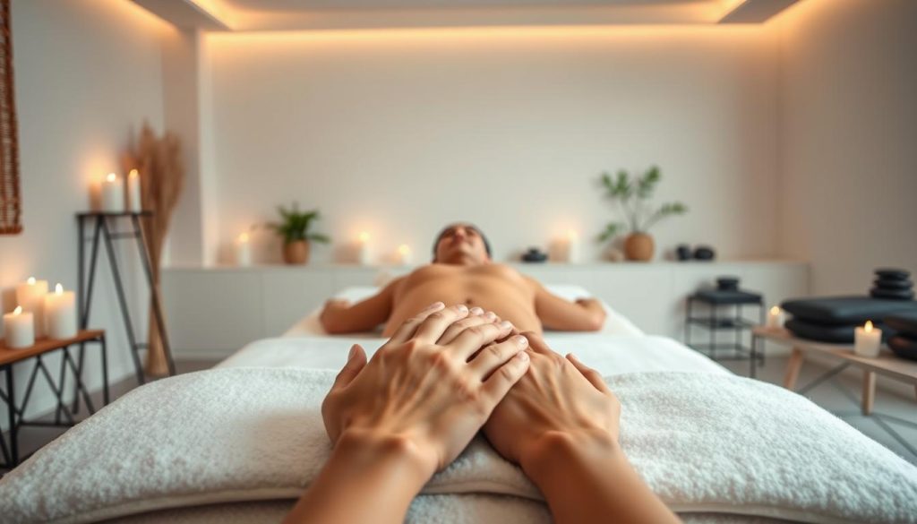 A serene massage studio with soft lighting, plush massage tables, and soothing aromatherapy candles. In the foreground, hands gently kneading tense muscles, promoting relaxation and improved blood circulation. The middle ground showcases a tranquil scene of a person receiving a therapeutic massage, their expression one of calm and rejuvenation. The background features a minimalist, spa-like environment with natural elements like potted plants and river stones, evoking a sense of balance and harmony. The overall atmosphere conveys the restorative and wellness-focused benefits of massage therapy.