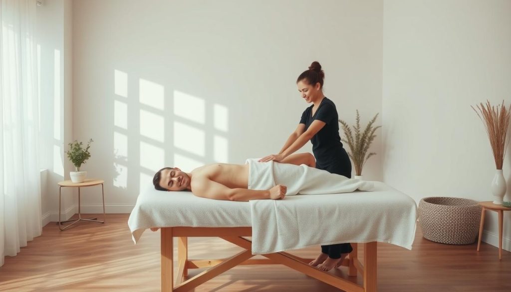 A serene massage studio with soft lighting, wooden floors, and minimalist decor. In the center, a massage therapist's skilled hands gently knead the muscles of a client on a plush massage table, their body fully relaxed. Calming aromatherapy fills the air, and soothing background music plays. The scene exudes a sense of tranquility and healing, capturing the therapeutic nature of the massage experience.