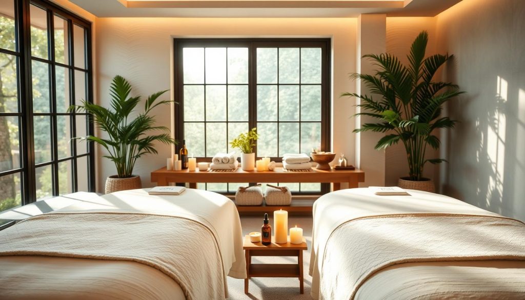 A serene massage studio with soft, natural lighting filtering in through large windows. Plush massage tables in the foreground, adorned with crisp, white linens. In the middle ground, an array of essential oils and aromatherapy candles, creating a calming, spa-like ambiance. The background features soothing wall textures and potted plants, exuding a sense of tranquility. The entire scene conveys a high-end, relaxing atmosphere perfect for a luxurious massage experience.