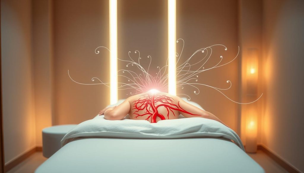 A serene massage studio with soft, warm lighting illuminating the scene. On a padded massage table, a detailed anatomical illustration showcases the intricate circulatory system, highlighting the flow of blood through the body. Wispy tendrils of energy radiate outward, symbolizing the invisible yet profound effects of the massage therapy. The background is a soothing, neutral palette, allowing the central focus to be the interconnectedness of the physical and energetic realms. The composition is balanced, with clean lines and a sense of tranquility, inviting the viewer to experience the restorative power of this alternative healing modality.