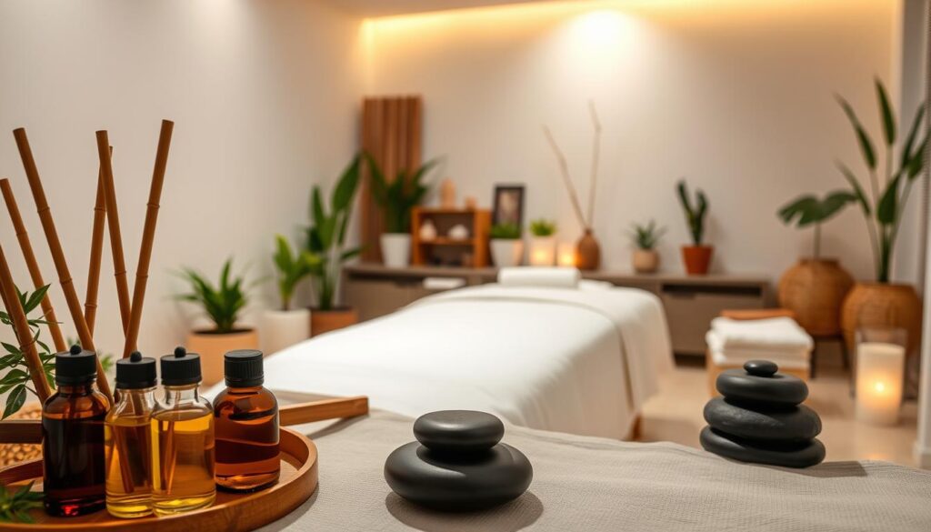 A serene massage studio with soothing lighting and calming ambiance. In the foreground, an array of massage oils and tools like bamboo sticks, stones, and soft towels are neatly arranged. The middle ground features a massage table draped in fresh linens, with folded blankets and pillows nearby. In the background, a minimalist decor with natural elements like potted plants and wooden accents creates a tranquil atmosphere. The lighting is soft and diffused, creating a warm, relaxing glow throughout the space. The overall scene conveys a sense of harmony, comfort, and the promise of a rejuvenating massage experience.