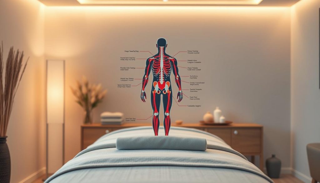 A serene massage studio with warm lighting and soothing tones. On a padded treatment table, a detailed anatomical diagram of the human body hovers, highlighting the key muscle groups and pressure points targeted by a medical massage. The scene exudes a calming, therapeutic atmosphere, inviting the viewer to imagine the potential benefits of this specialized massage technique. Soft natural textures, muted colors, and a sense of balance create a visually harmonious composition that evokes the holistic approach of medical massage.