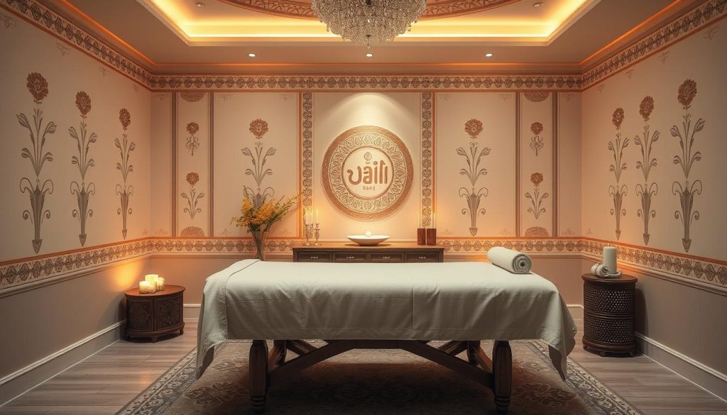 A serene massage studio with warm, soft lighting and soothing ambiance. Delicate Turkish-inspired patterns adorn the walls, creating a calming atmosphere. In the center, a beautifully crafted massage table stands, inviting the viewer to experience the skilled touch of the masseuse. Plush, luxurious textiles drape the table, hinting at the comfort and relaxation to come. The scene evokes a sense of tranquility and rejuvenation, perfectly capturing the essence of "Vadi Istanbul Masaj: Stresi Unutturan Dokunuşlar".