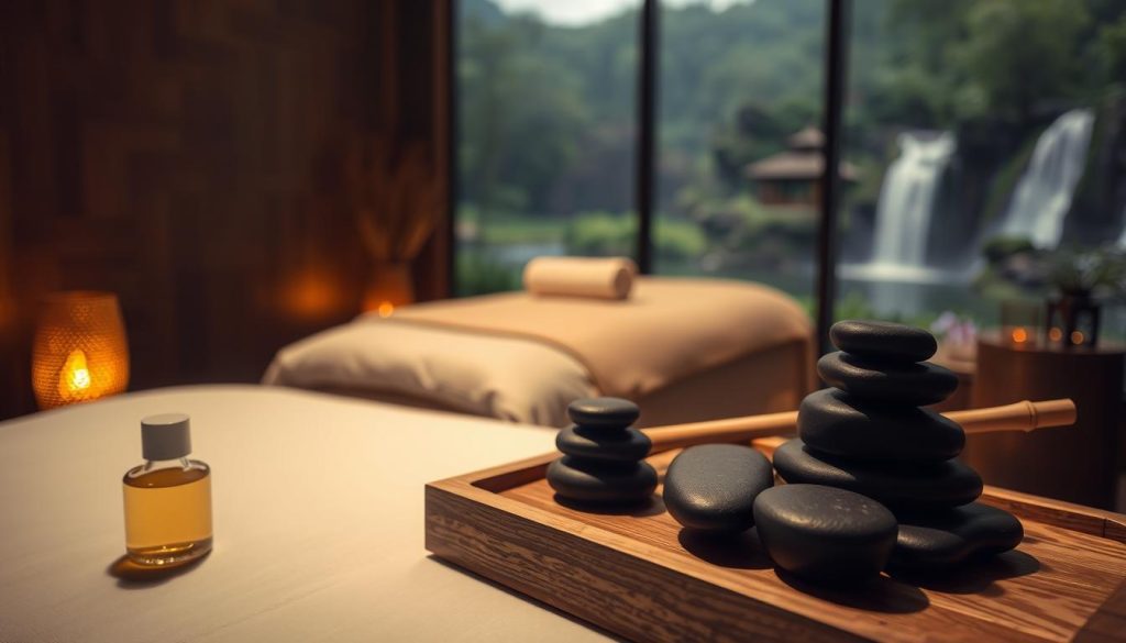 A serene massage therapy room, dimly lit with soft, warm lighting casting a calming glow. The foreground features an array of massage therapy tools, including therapeutic oils, hot stones, and bamboo massage sticks, neatly arranged on a wooden tray. In the middle ground, a massage table is dressed in luxurious linens, inviting the viewer to imagine the relaxing experience. The background showcases a tranquil landscape, perhaps a lush garden or a peaceful waterfall, evoking a sense of harmony and rejuvenation. The overall scene conveys a serene, spa-like atmosphere, perfectly suited for the display of various massage therapy techniques.