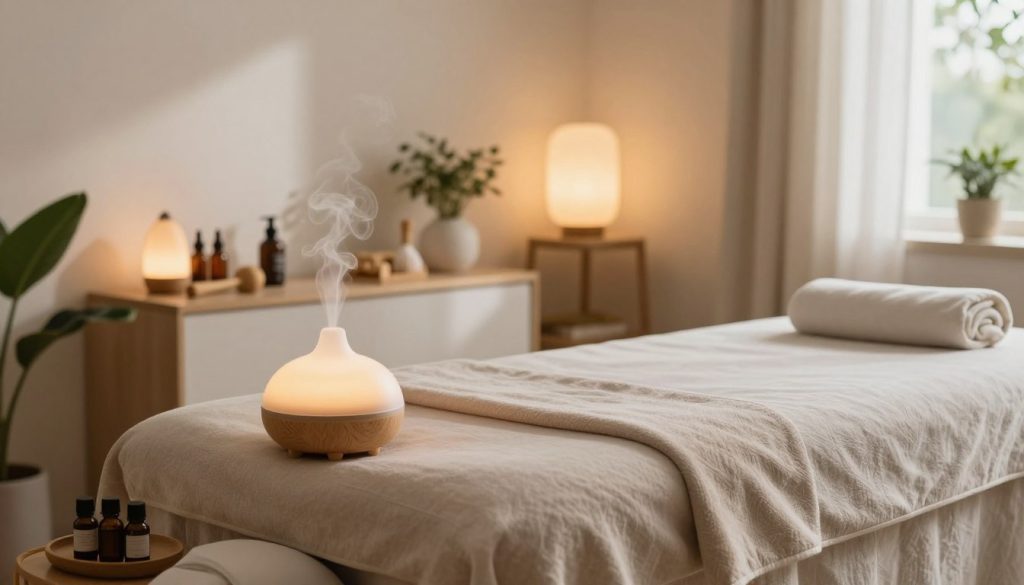 A serene massage therapy room featuring a comfortable massage table adorned with soft, neutral-colored linens. The foreground includes a soothing aromatherapy diffuser, gently emitting a light mist, and a small tray with essential oils. In the middle, a well-organized shelf displays various massage tools and lotions. The background shows soft, ambient lighting that creates a warm, inviting atmosphere, with green plants that add a touch of nature. Large windows allow natural light to filter in, casting gentle shadows. The mood is calm and relaxing, perfect for individuals seeking their first massage experience. The overall color palette is soft and earthy, promoting tranquility. Ensure no humans are present in the image. A serene massage therapy room featuring a comfortable massage table adorned with soft, neutral-colored linens. The foreground includes a soothing aromatherapy diffuser, gently emitting a light mist, and a small tray with essential oils. In the middle, a well-organized shelf displays various massage tools and lotions. The background shows soft, ambient lighting that creates a warm, inviting atmosphere, with green plants that add a touch of nature. Large windows allow natural light to filter in, casting gentle shadows. The mood is calm and relaxing, perfect for individuals seeking their first massage experience. The overall color palette is soft and earthy, promoting tranquility. Ensure no humans are present in the image.