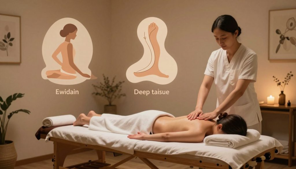 A serene massage therapy room showcasing various massage techniques. In the foreground, a wooden massage table is elegantly set with soft towels and aromatherapy oils. The middle ground features visual representations of different massage techniques, such as Swedish, deep tissue, and reflexology, illustrated through abstract shapes and gentle lines, symbolizing each technique's flow and movement. The background contains soft ambient lighting, with warm tones creating a calming atmosphere. Decorative elements like plants and calming artwork enhance the tranquil feel. The overall mood is peaceful and therapeutic, reflecting the essence of massage therapy for alleviating back pain. Delicate shadows and soft highlights should emphasize the soothing nature of the space.