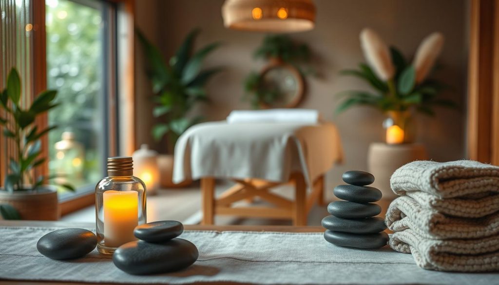 A serene massage therapy scene, captured in a warm, intimate setting. The foreground features a tranquil arrangement of essential oil diffusers, smooth river stones, and plush towels, creating a soothing ambiance. In the middle ground, a well-equipped massage table stands, inviting the viewer to imagine the restorative experience. The background showcases a harmonious blend of natural elements, such as lush foliage and calming natural light, emphasizing the physical and mental benefits of massage therapy. The overall composition exudes a sense of balance, relaxation, and a holistic approach to well-being.