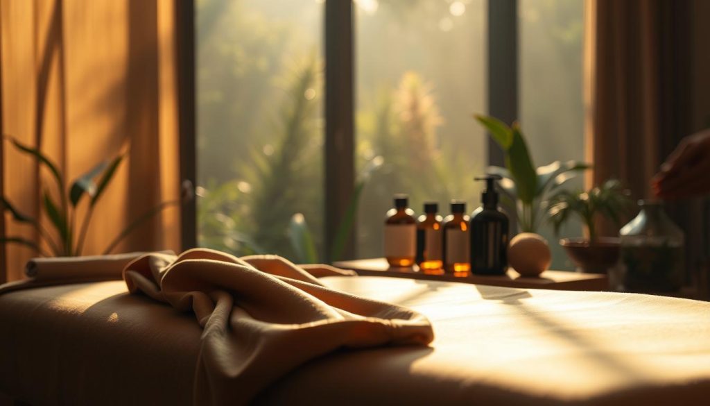 A serene massage therapy scene set in a tranquil, dimly-lit room. The foreground features soft, flowing fabrics in earthy tones, gently draped over a massage table. Subtle lighting casts a warm, calming glow, casting shadows that accentuate the table's smooth, organic lines. In the middle ground, an array of massage oils and lotions in amber glass bottles stand ready, their contents glimmering subtly. The background is hazy, with hints of lush greenery and natural textures, evoking a sense of natural harmony and balance. The overall atmosphere is one of relaxation, rejuvenation, and the gentle, therapeutic effects of professional massage.