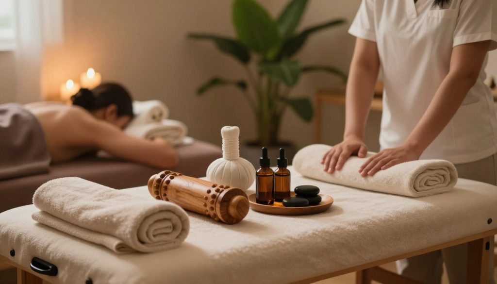 A serene massage therapy scene showcasing various massage techniques and applications. In the foreground, an elegant wooden massage table is set, adorned with soft towels and aromatherapy oils. In the middle, several massage tools like wooden rollers, stones, and essential oil dispensers are artfully displayed, emphasizing relaxation and wellness. The background features a calming spa ambiance with gentle lighting, soft ambient colors, and lush green plants that enhance the tranquil atmosphere. The scene should convey a sense of comfort and relaxation, inviting viewers into a peaceful retreat. The lighting is warm and soft, creating a soothing mood suggestive of a professional massage environment.