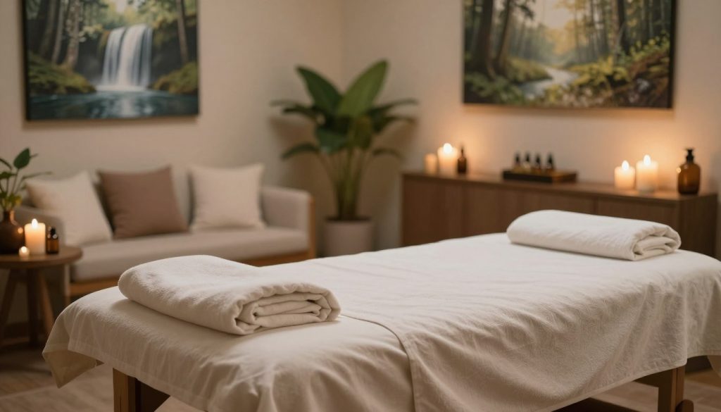 A serene massage therapy setting, showcasing a before-and-after concept. In the foreground, a neatly arranged massage table with soft, neutral-colored linens, essential oils, and soothing candles. The middle ground features a tranquil waiting area, adorned with calming plants and gentle lighting, hinting at relaxation. In the background, soft-focus art depicting serene nature scenes, like a waterfall or peaceful forest, adds to the ambiance. The atmosphere is tranquil and inviting, emphasizing wellness and preparation for a session. Gentle, warm lighting illuminates the scene, creating a soft glow, reminiscent of a calm spa environment, evoking feelings of relaxation and rejuvenation. No human figures are present, ensuring a focus on the environment itself.