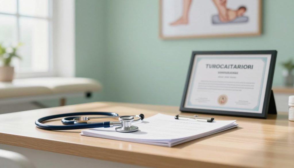 A serene medical office setting, focusing on a well-organized desk that features a stethoscope, patient file, and a framed certificate of medical approval. Soft, natural light streams in through a window, casting gentle shadows across the polished wood surface. In the background, a soft-focus wall displays framed medical diagrams about massage therapy benefits. The atmosphere is calm and professional, conveying trust and safety in a healthcare environment. The color palette consists of soothing pastels, primarily greens and whites, to evoke a sense of well-being. The image should emphasize a safe and professional ambiance, without any human figures or text elements, highlighting the importance of doctor approval and safety before engaging in any therapy.