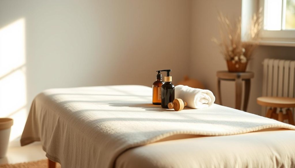A serene, minimalist home setting with a cozy massage table in the foreground, surrounded by soft natural lighting and soothing colors. Plush, textured linens and a few essential massage tools, such as oil bottles and a kneading tool, are neatly arranged on the table, conveying a sense of tranquility and self-care. The background features a simple, uncluttered space with muted tones, hinting at a peaceful, restorative atmosphere ideal for practicing relaxing massage techniques at home.