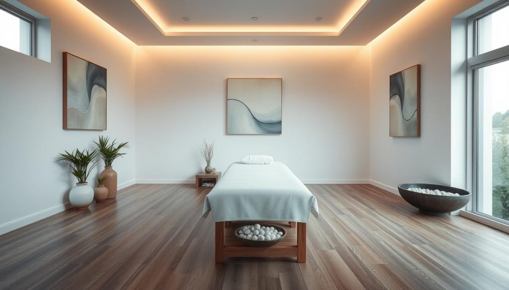 A serene, minimalist interior of an upscale aesthetic massage salon in Istanbul. Soft, warm lighting casts a soothing glow on the clean, elegant lines of the space. Smooth, polished wooden floors lead the eye towards a custom-built massage table, surrounded by natural, organic decor elements like potted plants and pebble-filled bowls. The walls are adorned with abstract art pieces, their muted tones complementing the overall calming ambiance. Large windows allow natural light to filter in, creating a tranquil, balanced atmosphere that evokes a sense of holistic wellbeing and relaxation.