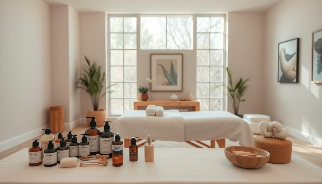 A serene, minimalist massage studio with natural light filtering in through large windows. Soft, earthy tones create a calming ambiance, while clean lines and simple furnishings exude a sense of tranquility. In the foreground, an array of massage oils, lotions, and tools are neatly arranged, hinting at the care and expertise of the therapist. The middle ground features a massage table draped in crisp, white linens, inviting the viewer to envision the restorative experience. In the background, subtle greenery and muted artwork add warmth and sophistication. The overall scene conveys a serene, professional, and welcoming environment where one can find the perfect massage therapist.