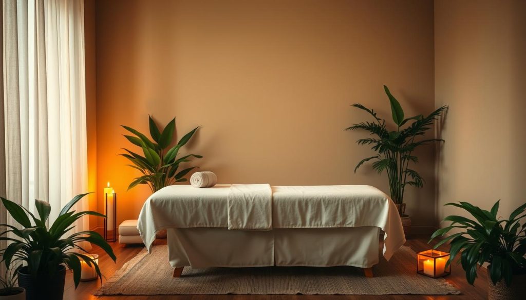 A serene, minimalist scene of physical and mental relaxation. A cozy, dimly lit room bathed in warm, soft lighting. A plush, inviting massage table sits in the center, draped with clean, crisp linens. Lush, verdant plants adorn the periphery, their foliage gently swaying. Candles flicker, casting a tranquil, soothing glow. Calming, instrumental music fills the air, inviting deep breaths and tension release. The atmosphere is one of profound peace and rejuvenation, a haven for the senses and the soul.