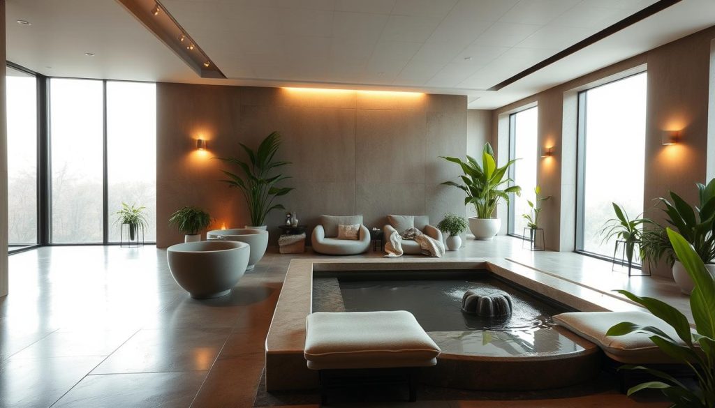A serene, minimalist spa interior with natural elements. Warm lighting filters through large windows, casting a soft glow on smooth stone surfaces and plush textiles. Sleek, modern furniture in muted tones complements the earthy, calming atmosphere. Lush, verdant plants add pops of vibrant green, while a tranquil water feature creates a soothing ambiance. The space exudes an air of luxurious relaxation, inviting visitors to unwind and indulge in a rejuvenating spa experience.
