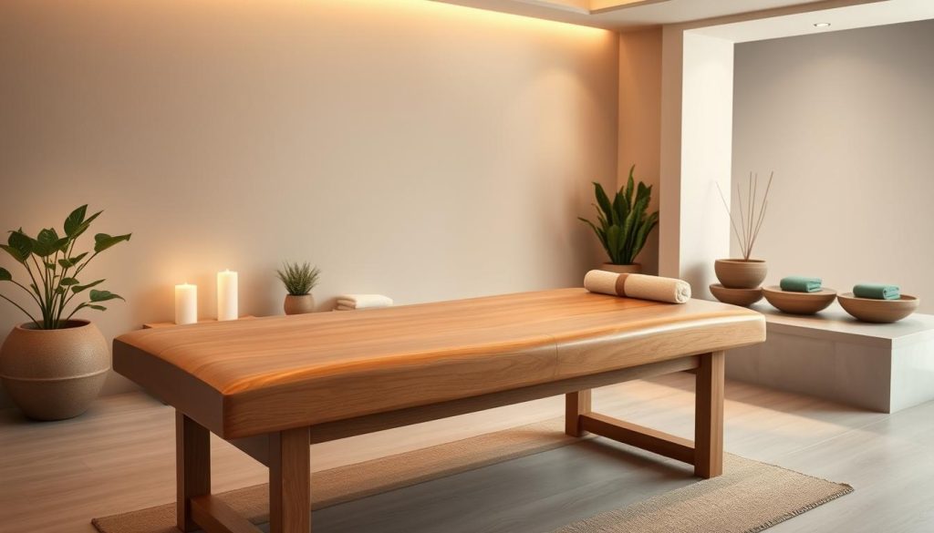 A serene, minimalist spa-like setting with a tranquil, luxurious ambiance. The focal point is a beautifully crafted wooden massage table, its smooth lines and natural textures capturing the essence of elegance. The lighting is soft and warm, creating a soothing atmosphere. In the background, a muted color palette of earthy tones and natural elements, such as potted plants and a calming water feature, enhances the sense of peace and relaxation. The overall composition exudes a calming, restorative energy, perfectly suited to showcase the "İmza Ritüellerimiz ve Hizmet Bankası" section of the article.