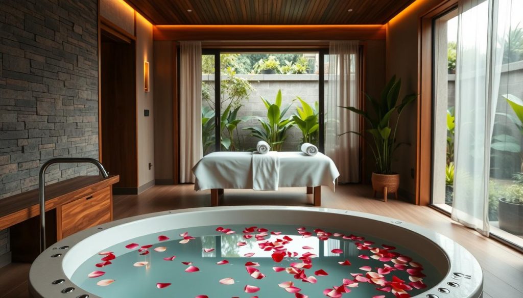 A serene, minimalist spa sanctuary with natural stone walls, wooden accents, and soft lighting. In the foreground, a luxurious, oversized bathtub filled with fragrant water and rose petals, inviting a tranquil moment of relaxation. The middle ground features a massage table draped in crisp, white linens, signifying the holistic wellness experience. In the background, a large window frames a lush, verdant garden, creating a seamless connection between the indoor and outdoor spaces. The overall atmosphere exudes a sense of balance, rejuvenation, and the perfect harmony of body and mind.