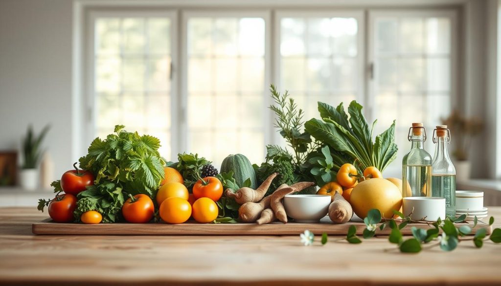 A serene, minimalist still life showcasing healthy living tips. A wooden table holds a variety of fresh produce - crisp greens, vibrant fruits, and hearty roots. Soft, natural lighting filters through large windows, casting a warm glow. Subtle glass bottles and ceramics accent the scene, conveying a sense of wellness and tranquility. The background is blurred, allowing the natural elements to take center stage. The overall composition is balanced and calming, inspiring mindfulness and a holistic approach to self-care.