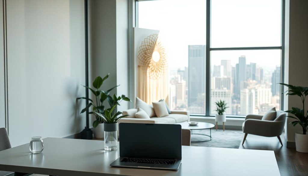 A serene, modern office space with ample natural light and a calming color palette. In the foreground, a sleek, minimalist desk with a laptop, a potted plant, and a glass of water. The middle ground features a comfortable lounge area with plush seating and a large window overlooking a bustling city skyline. The background showcases a contemporary wellness-themed art piece, such as a sculptural installation or a geometric wall hanging, creating a soothing, zen-like atmosphere. The lighting is soft and diffused, casting a warm glow throughout the scene. The overall impression is one of balance, productivity, and mindful well-being in the heart of a dynamic urban landscape.