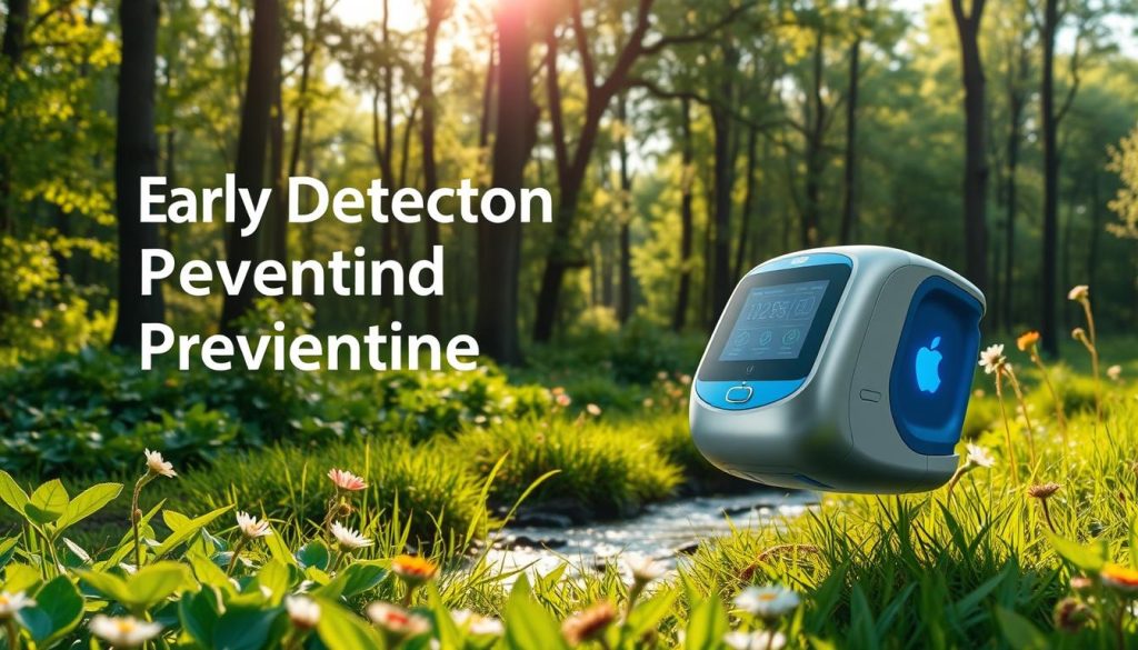 A serene, nature-inspired scene showcasing early detection and preventive measures. A lush forest backdrop, with sunlight filtering through the canopy, casts a warm glow on a vibrant meadow. In the foreground, a variety of leafy plants and flowers symbolize the resilience of health, while a flowing stream represents the continuous flow of wellness. In the middle ground, a sleek, modern medical device, rendered in shades of silver and blue, suggests the integration of technology in preventive care. The overall composition conveys a sense of harmony between nature, technology, and personal wellbeing, highlighting the importance of proactive health management.