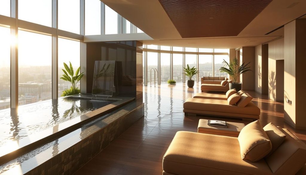 A serene oasis atop the bustling city, The Spa at Address Istanbul exudes an atmosphere of tranquility. Sunlight filters through floor-to-ceiling windows, casting a warm glow upon the modern, minimalist decor. Plush, earth-toned furnishings invite guests to sink into a state of relaxation, while sleek lines and clean surfaces evoke a sense of sophisticated elegance. Soothing water features and lush greenery create a natural, spa-like ambiance, transporting visitors to a haven of wellness and rejuvenation high above the dynamic streets of Istanbul.