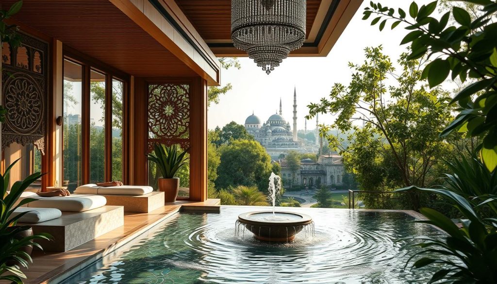 A serene oasis of wellness and beauty emerges in the heart of Istanbul, a tapestry of verdant gardens, soothing fountains, and elegant spa pavilions. Soft natural light filters through large windows, casting a warm glow upon the sleek, modern design elements. Intricate Turkish mosaic tiles and ornate wooden carvings adorn the tranquil treatment rooms, where skilled massage therapists ply their craft. In the distance, the iconic domes and minarets of historic landmarks peek through the lush foliage, creating a harmonious blend of ancient and contemporary. An atmosphere of total relaxation and rejuvenation permeates the scene, inviting visitors to indulge in the city's renowned health and beauty tourism.