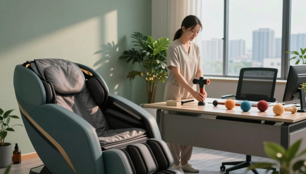 A serene office environment showcasing various massage techniques for stress management. In the foreground, a stylish massage chair with relaxing cushions and essential oils nearby. In the middle, an array of massage tools like handheld massagers and massage balls displayed on a sleek desk. The background features a tranquil corner with indoor plants, soft ambient lighting that creates a calming atmosphere, and a view of a city skyline through a large window. A soft color palette of greens, blues, and neutrals enhances the serene mood, while warm lighting casts gentle shadows, promoting a sense of relaxation and wellness. The overall composition encourages viewers to envision a peaceful and rejuvenating break from office stress.