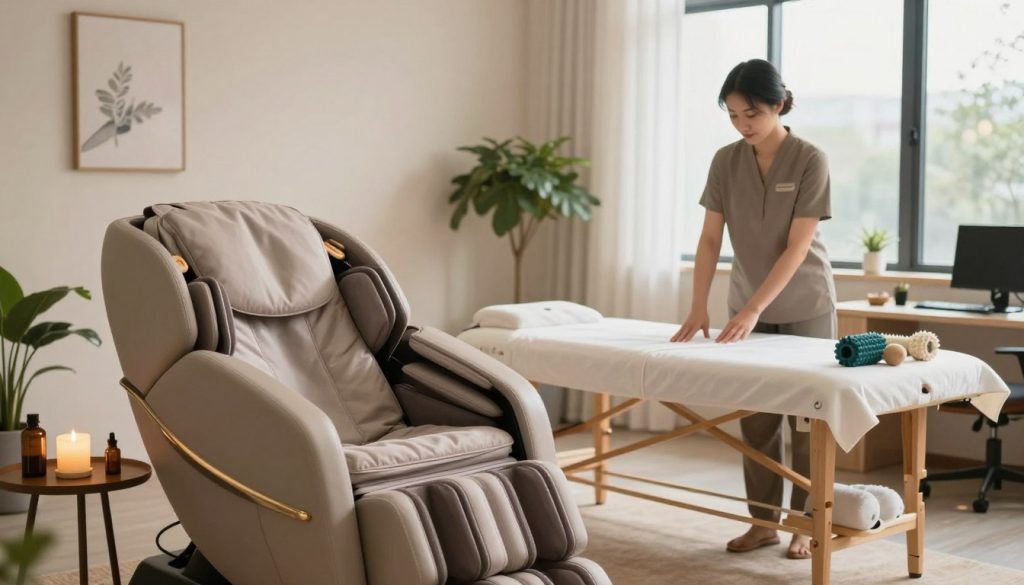 A serene office environment showcasing various massage therapy options and techniques suitable for office workers. In the foreground, an elegant massage chair with soft cushions, alongside essential oils and relaxing music setup. The middle ground features a soft, calming ambiance with plants and soothing art on the walls. A small table displays massage tools such as rollers and massage balls. In the background, softly diffused natural light streams through large windows, enhancing the peaceful atmosphere. The overall mood conveys relaxation and rejuvenation, inviting office workers to explore these therapy options. The image should emphasize a professional, tranquil setting suited for wellness and stress relief, with a focus on the aesthetics of massage therapy.