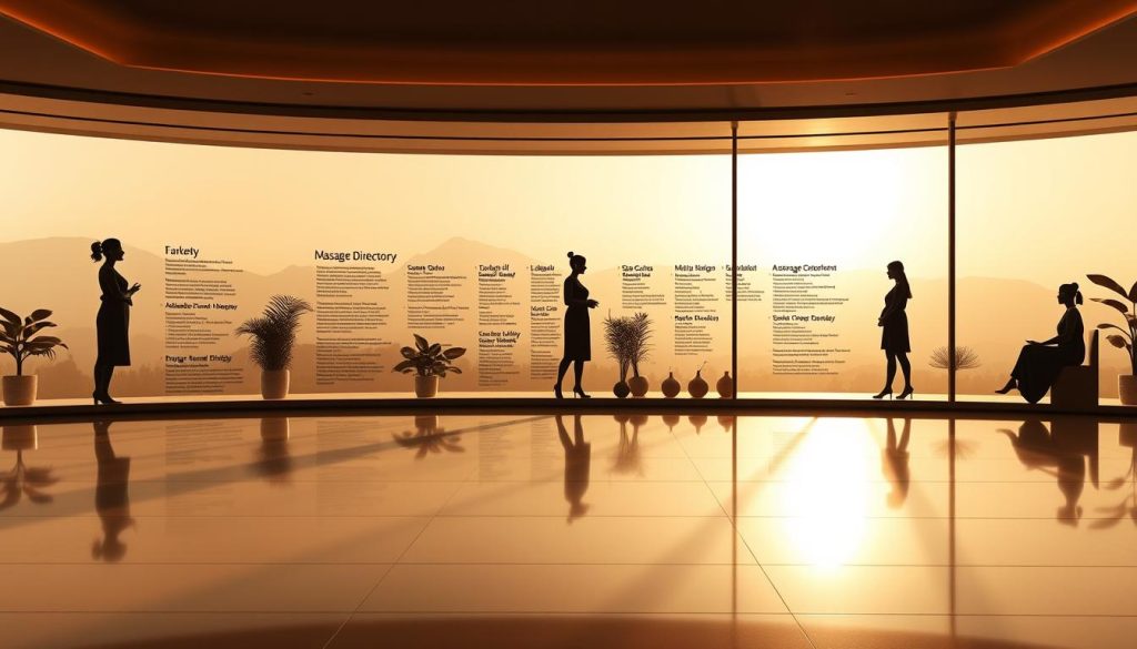 A serene, panoramic view of a Turkish massage directory, showcasing a collection of elegant massage parlors and spa centers across the nation. The scene depicts a softly lit, minimalist layout, with sleek typography and silhouettes of massage therapists set against a backdrop of warm, earthy tones. The image conveys a sense of tranquility and rejuvenation, inviting the viewer to explore the diverse offerings of massage services available throughout Turkey's vibrant cities. The composition emphasizes the breadth and diversity of the directory, highlighting the country's commitment to wellness and relaxation.
