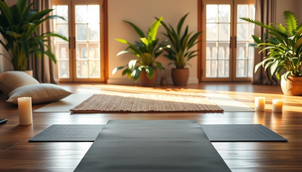 A serene scene depicting a tranquil environment ideal for breathing exercises and meditation. In the foreground, a yoga mat is neatly laid out, surrounded by a few soft cushions and scented candles softly glowing. The middle layer features a peaceful indoor space with large windows allowing natural light to filter in, casting gentle shadows on the wooden floor. In the background, lush green plants create a calming atmosphere, enhancing the sense of tranquility. The lighting is warm and soft, evoking a sense of peace and focus. The overall mood conveys relaxation, mindfulness, and the integration of breath exercises into a delightful morning ritual, perfect for starting the day with clarity and calmness.