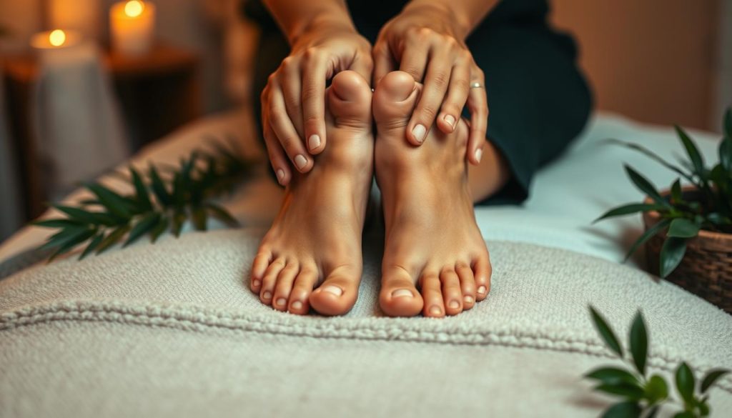 A serene scene of a Reflexology massage, showcasing the intricate patterns of the feet and the skilled hands of the practitioner. The lighting is soft and warm, creating a calming ambiance. The feet are positioned on a plush, neutral-toned surface, surrounded by soothing greenery and natural elements that evoke a sense of balance and well-being. The focus is on the delicate pressure points and the therapeutic touch, conveying the restorative nature of this massage technique.