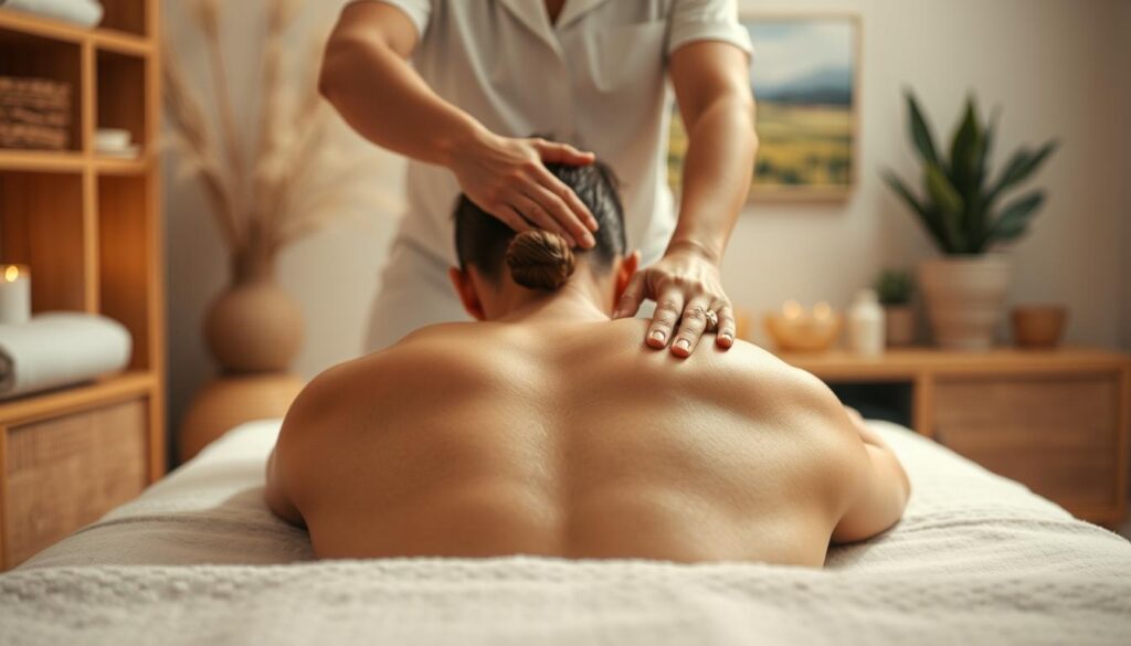 A serene scene of a Swedish massage session, captured in a warm, cozy setting. The massage therapist's skilled hands gently glide over the client's back, applying soothing, rhythmic strokes. The room is bathed in soft, diffused lighting, creating a calming ambiance. Subtle hues of beige and muted greens set the tone, with natural wood accents adding a touch of rustic elegance. In the background, a tranquil landscape painting or potted plants enhance the peaceful atmosphere. The client's face is not visible, allowing the focus to remain on the therapeutic experience. The overall composition conveys a sense of deep relaxation and rejuvenation, perfectly capturing the essence of the classic Swedish massage technique.