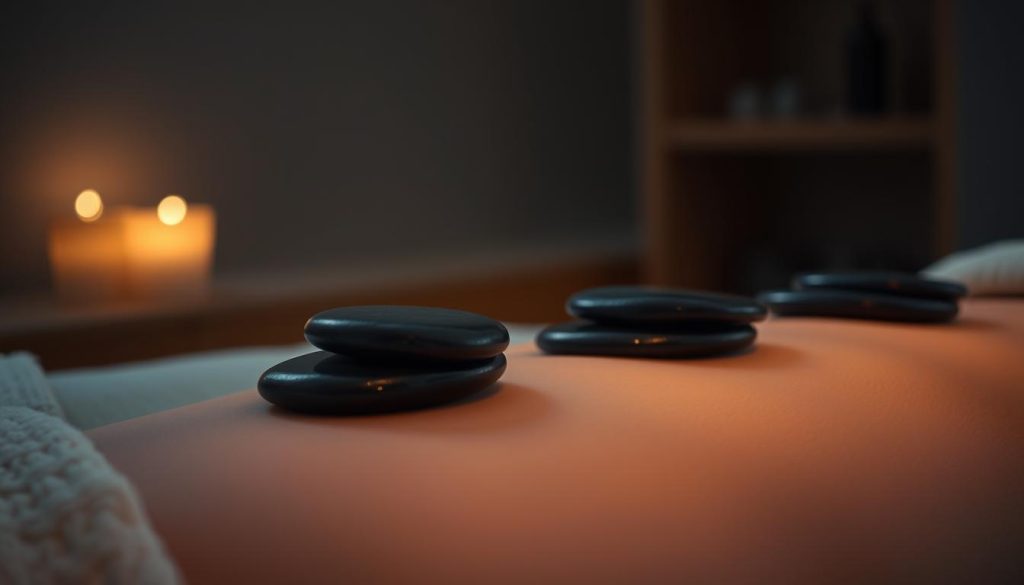 A serene scene of a dimly lit massage studio, with soft lighting emanating from the smooth, heated river stones placed delicately on a client's back. The stones, glistening with a subtle sheen, are arranged in a harmonious pattern, radiating warmth and tranquility. The background is subdued, allowing the focal point of the heated stone therapy to take center stage. The overall atmosphere is one of deep relaxation and rejuvenation, perfectly capturing the essence of this classic massage technique and its restorative effects on the body and mind.