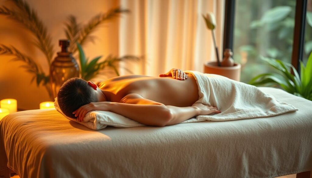 A serene scene of a relaxing massage therapy session. The client rests comfortably on a plush massage table, their muscles gently kneaded by the skilled hands of a masseuse. Warm, diffused lighting creates a soothing ambiance, casting a soft glow on the tranquil setting. In the background, lush greenery and natural elements evoke a sense of harmony and wellbeing. The scene exudes a calming, restorative atmosphere, capturing the essence of the health benefits of massage.