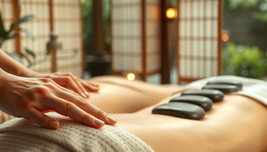 A serene scene showcasing an array of massage techniques. In the foreground, a delicate shiatsu massage with nimble fingers applying focused pressure along the meridians. In the middle ground, soothing strokes of a hot stone massage, the warm stones radiating a calming glow. Tranquil background of a zen garden, with soft lighting filtering through paper screens, creating a tranquil, restorative ambiance. Capture the harmony of diverse massage modalities, each with its own unique benefits for physical and mental wellbeing.