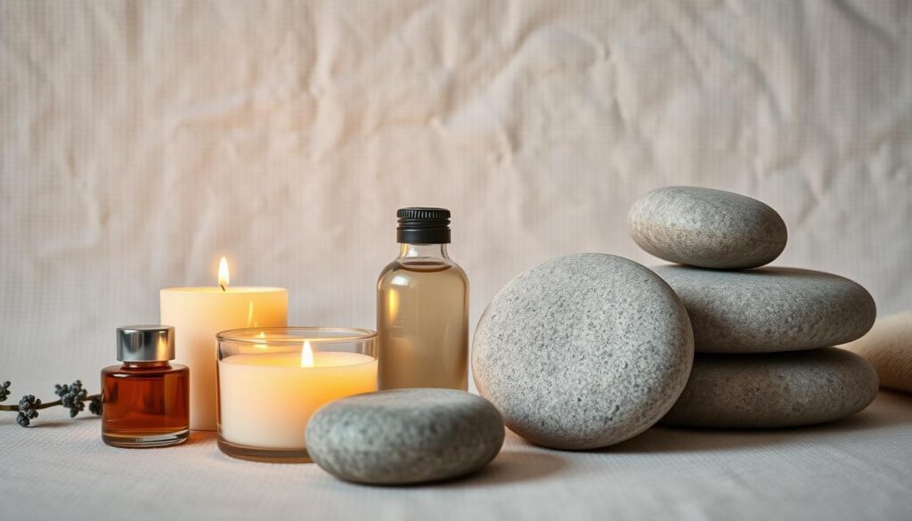 A serene, softly-lit close-up of various massage implements - aromatherapy candles, essential oil bottles, and plush yet firm massage stones - arranged against a neutral, textured backdrop. The objects are positioned in a harmonious, visually-appealing composition, conveying a sense of relaxation, wellness, and the potential health benefits of therapeutic massage. The lighting is gentle, casting subtle shadows and highlights to accentuate the natural forms and textures of the massage tools. The overall mood is one of tranquility, inviting the viewer to imagine the calming, restorative effects of a professional massage session.