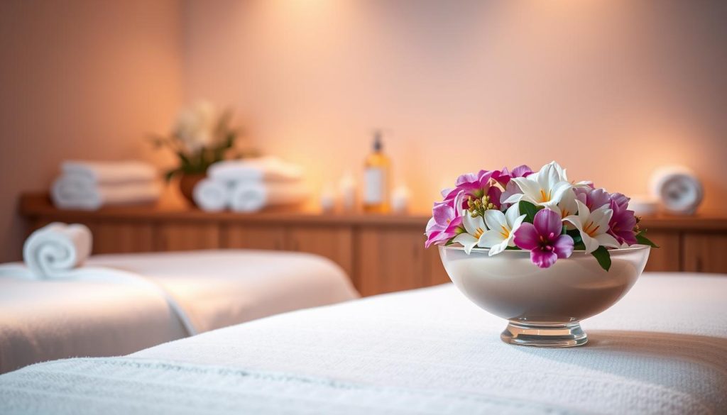 A serene, softly-lit spa setting, showcasing pristine white towels and gleaming massage tables. The lighting is warm and diffused, creating a calming, inviting atmosphere. In the foreground, a bowl of fresh, fragrant flowers sits atop a polished wooden surface, symbolizing the rejuvenation and relaxation that professional massage services can provide. The middle ground features neatly arranged bottles of high-quality massage oils and lotions, conveying a sense of meticulous care and attention to detail. The background subtly fades into a neutral, soothing palette, allowing the focus to remain on the essential elements of trust, hygiene, and expertise that define the standards of professional massage.