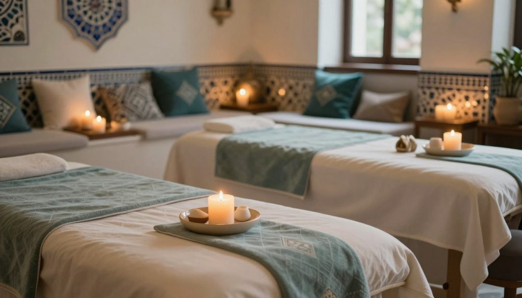 A serene spa environment reflecting the essence of an upscale massage therapy setting in Istanbul. In the foreground, plush massage tables adorned with soft, luxurious linens and carefully arranged aromatic candles. The middle layer reveals a calming ambiance with softly diffused lighting, creating a tranquil atmosphere; hints of soothing colors like soft blues and greens. In the background, a tastefully decorated room featuring traditional Turkish elements, such as mosaic tiles and plush cushions, enhances the cultural touch. The overall mood is serene and inviting, evoking relaxation and comfort, with a focus on tranquility and wellness. The lighting is warm and soft, highlighting the serene textures and inviting space, captured in a balanced, harmonious composition.