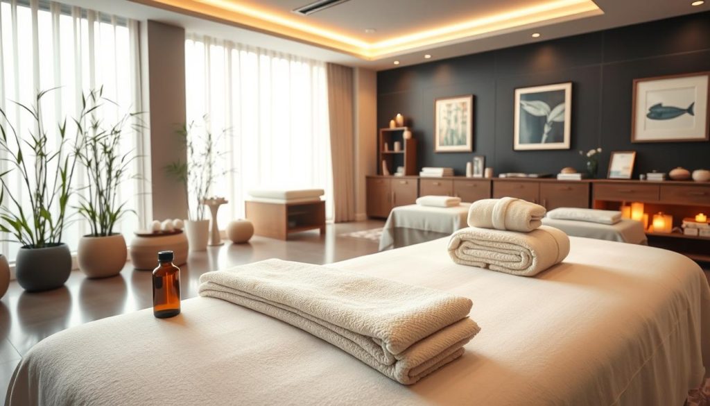A serene spa environment showcasing a luxurious massage therapy training setting. In the foreground, a comfortable massage table adorned with soft towels and aromatherapy oils, creating a welcoming atmosphere. The middle ground features a well-organized training space with professional massage equipment, instructional materials, and soothing decor like bamboo plants and calming artwork. In the background, large windows let in natural light, illuminating the space with a warm glow. Soft ambient lighting adds to the relaxing ambiance. The overall mood is tranquil and inviting, reflecting professionalism in staff training and spa management. Emphasize a clean and polished look, ensuring the scene exudes a sense of expertise and warmth, suitable for a massage therapy and spa management context.
